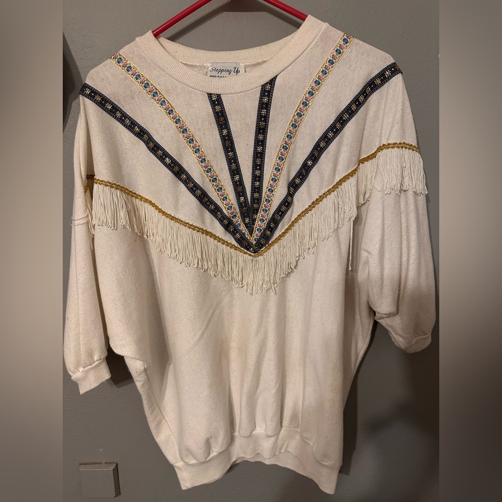 Women's Short Sleeve Fringe Top - Cream